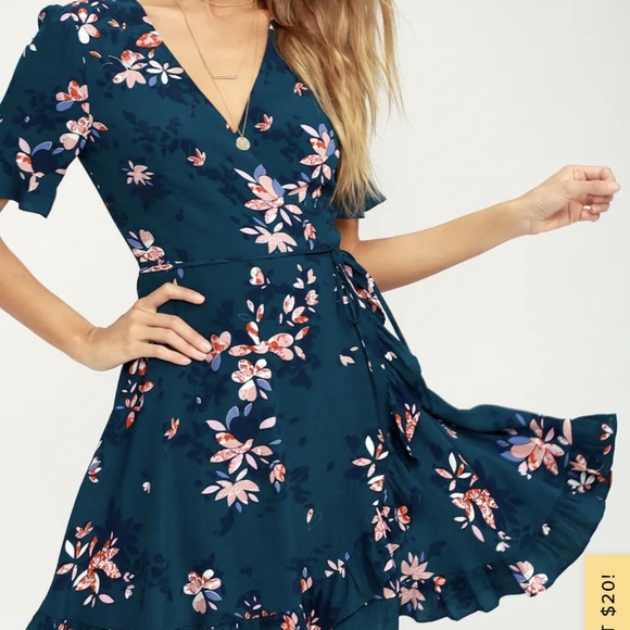 Teal Blue Floral Print Ruffled Wrap Dress, Size Small - Picture 2 of 7